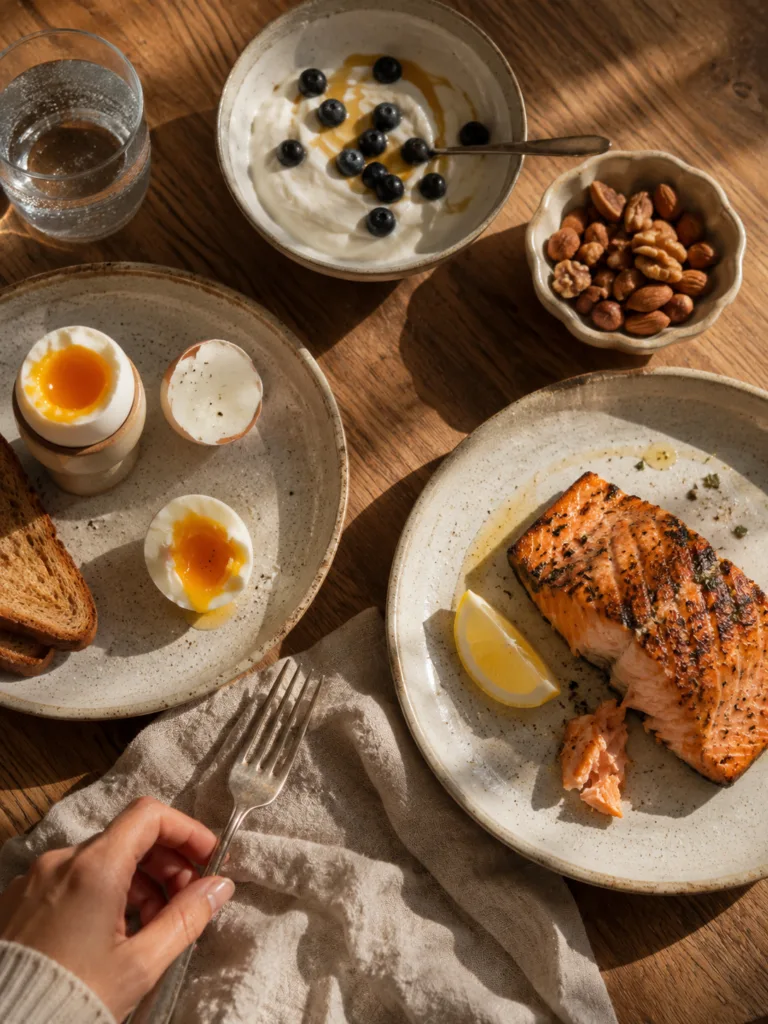 Protein-rich foods like eggs, salmon, and yogurt that support hair growth