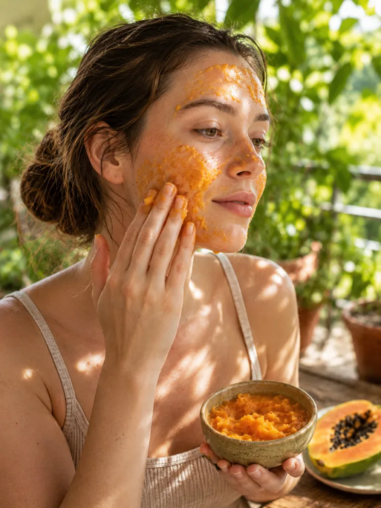 Woman applying a papaya enzyme organic face mask outdoors in natural light
