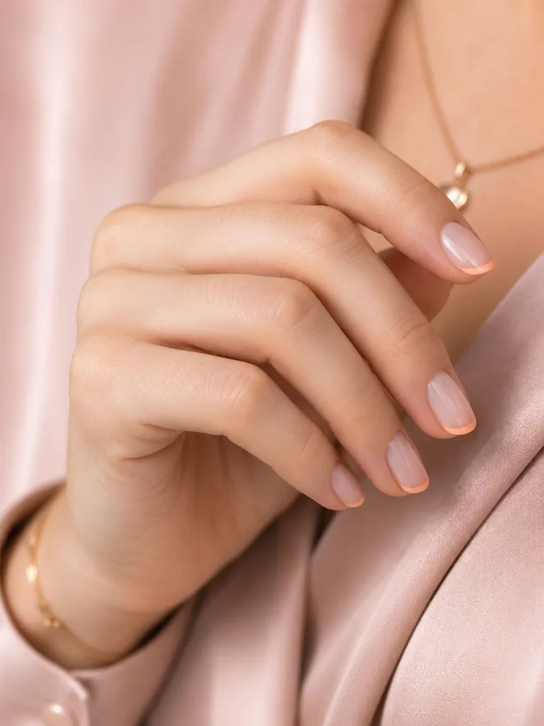 Peach milk French tips with a soft sheer base on fair skin