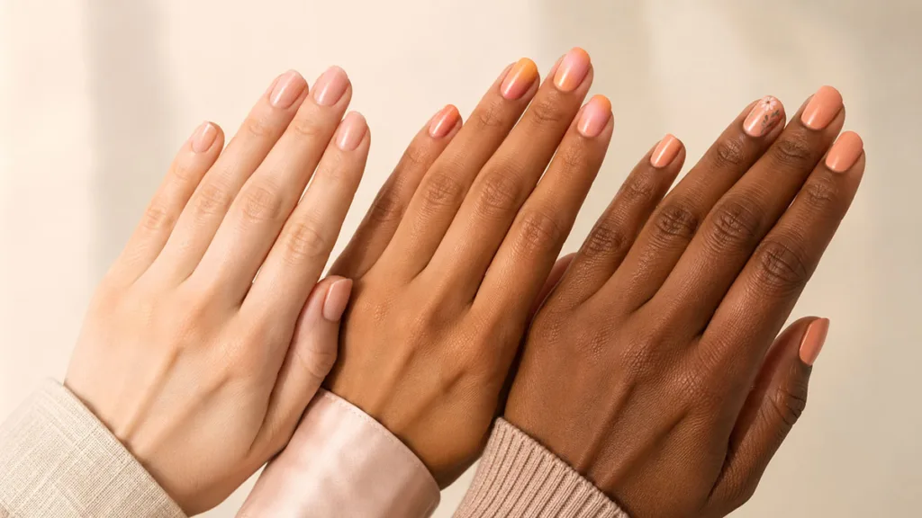 Peach nails shown on fair, medium, and deep skin tones side by side