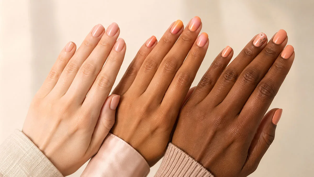 Peach nails shown on fair, medium, and deep skin tones side by side