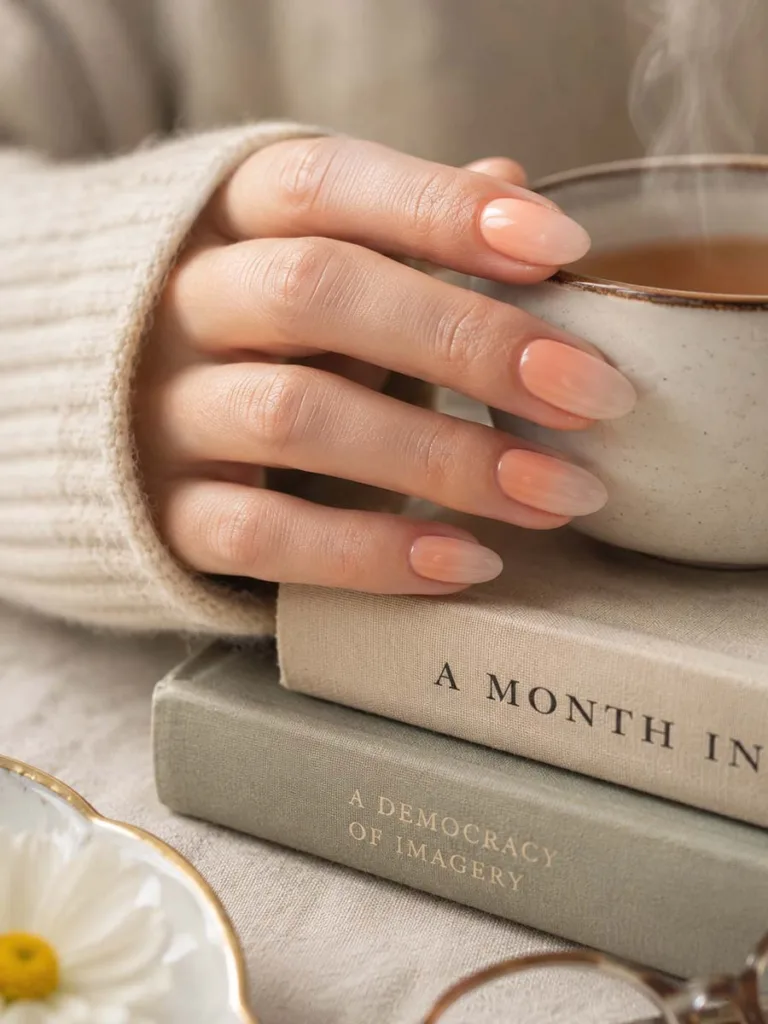 Peach to nude fade nails in a cozy reading setting