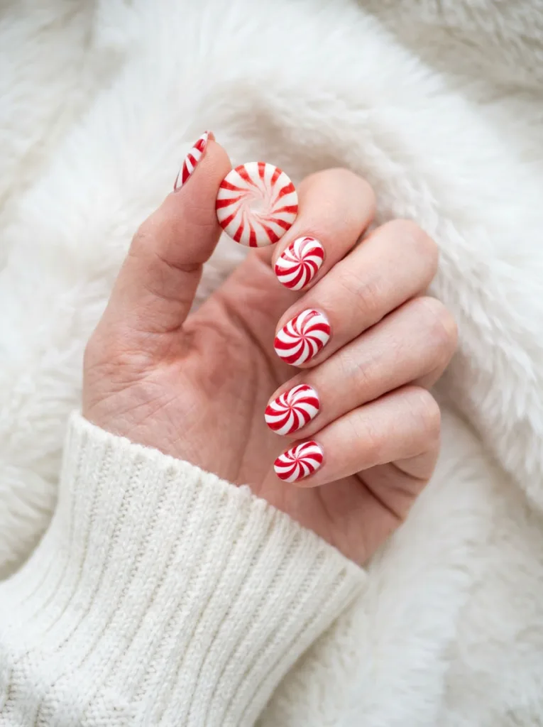 Peppermint swirl red christmas nails on a hand holding a peppermint candy