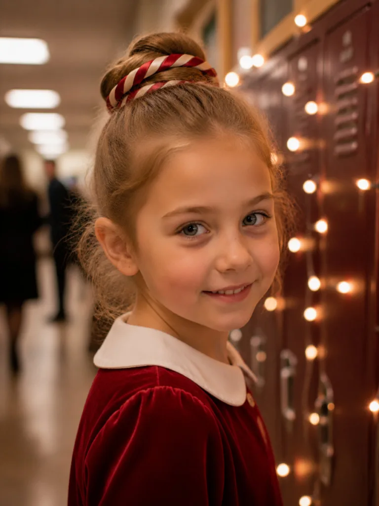 Peppermint wrap bun, a formal holiday hairstyle for kids