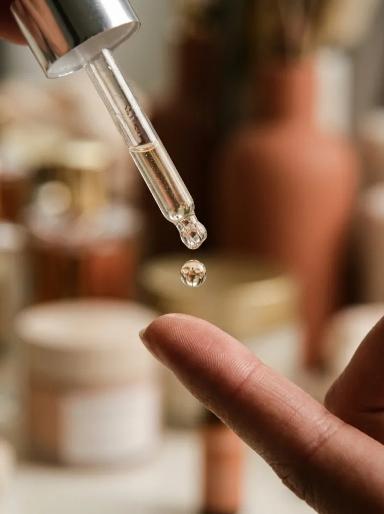 close-up macro of peptide serum drop falling from glass dropper onto fair-skinned fingertip with warm bokeh background