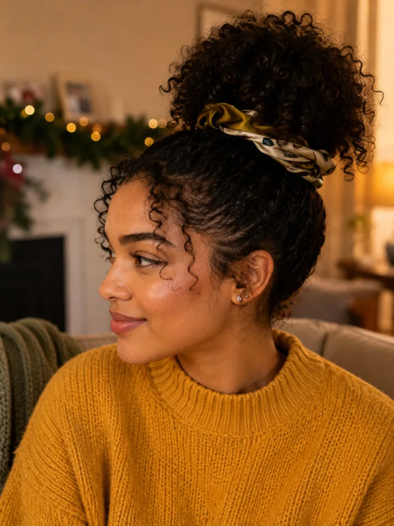 Woman with a curly pineapple updo wrapped in a satin scarf at a family holiday gathering.