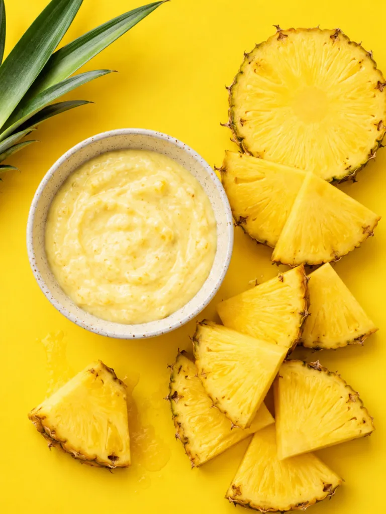 Pineapple and yogurt DIY face mask recipe ingredients in a bright flat lay
