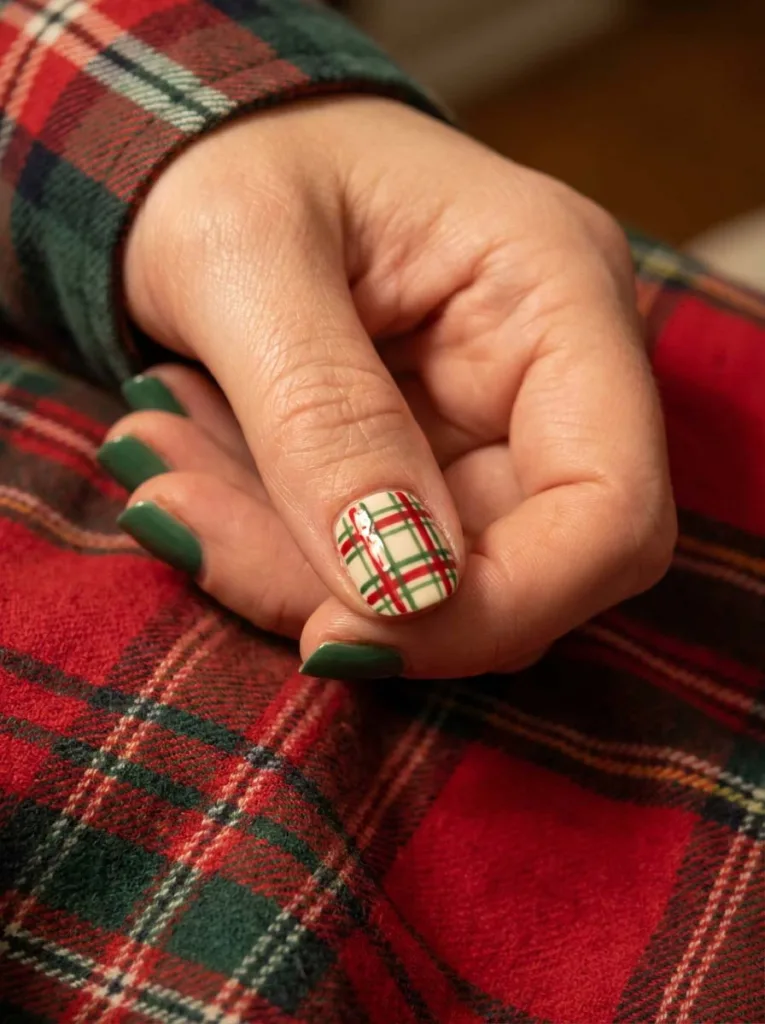 Plaid pattern accent winter nails on matching flannel background