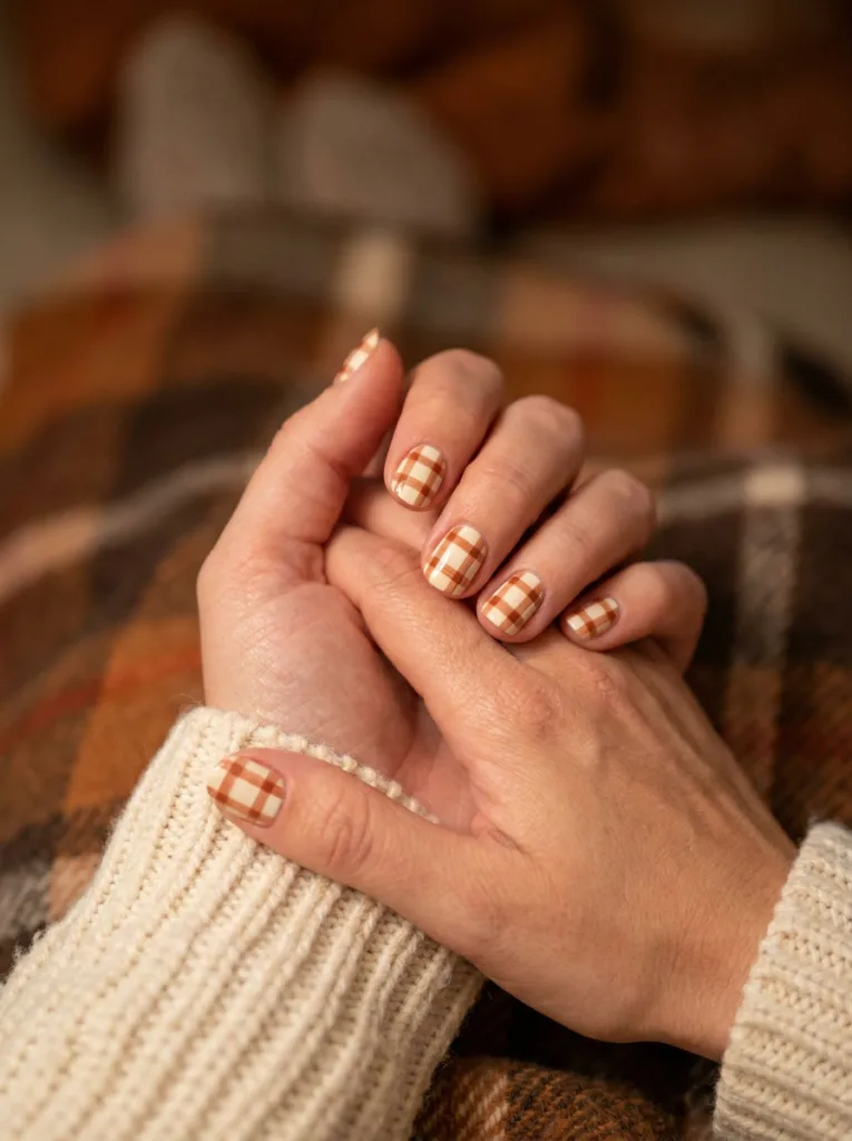 Close-up of cream and rust plaid pattern Thanksgiving nails