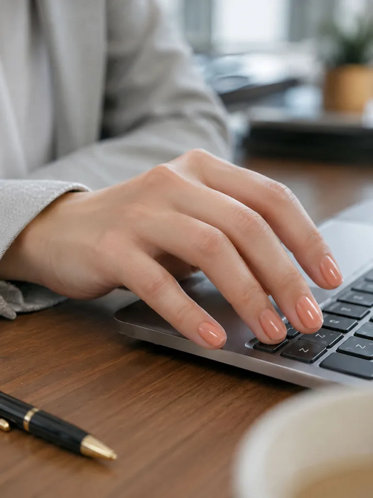 Plain peach nail polish worn during everyday desk work