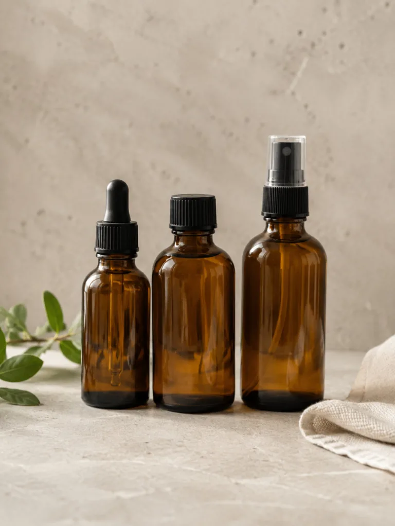 Amber glass bottles of preservative-free skincare grouped on a stone surface