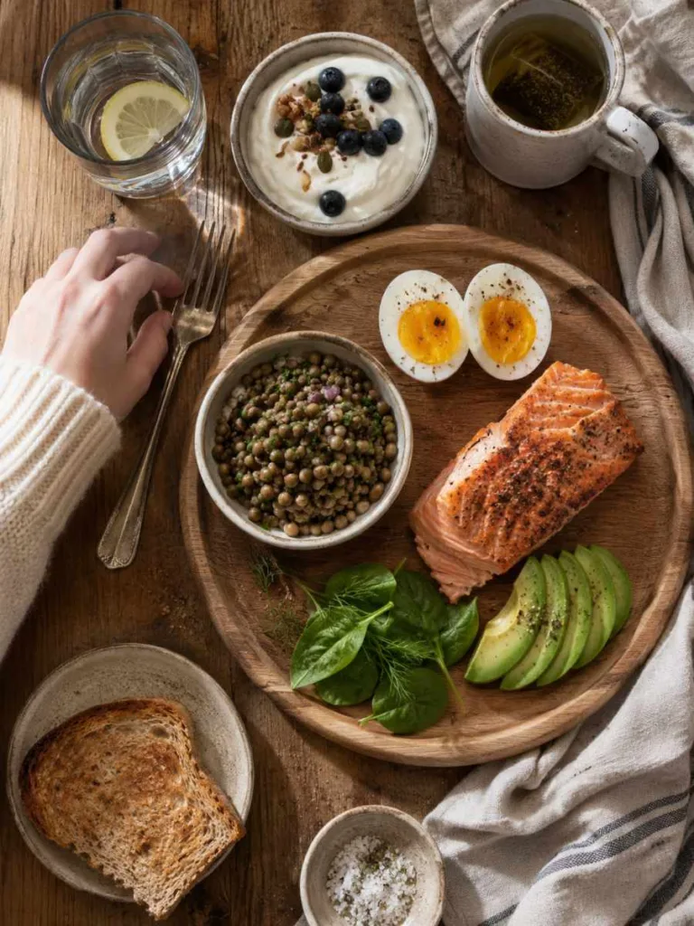 Protein-rich breakfast foods including eggs and Greek yogurt for healthy long hair