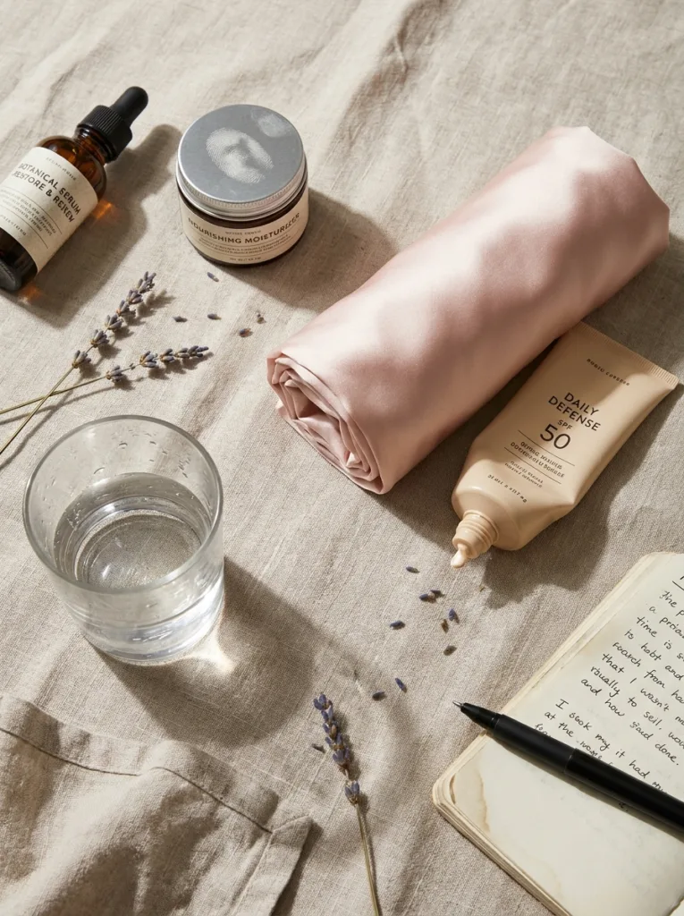 Flat lay of skincare products and habits that help reduce fine lines