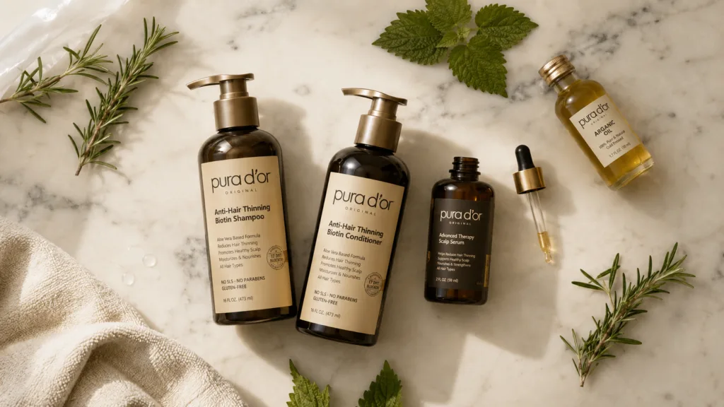 Pura D'Or natural and organic hair products for thinning hair arranged on a marble bathroom counter in natural light