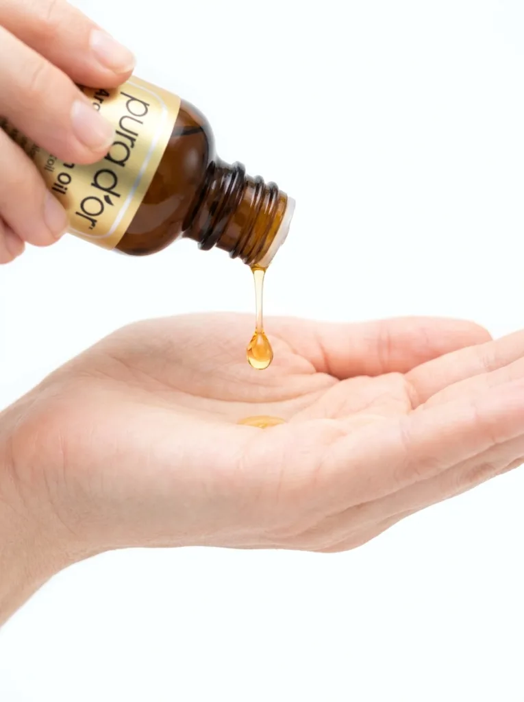 Pura D'or Moroccan argan oil amber dropper bottle dispensing golden oil drops into a fair-skinned open palm against white background