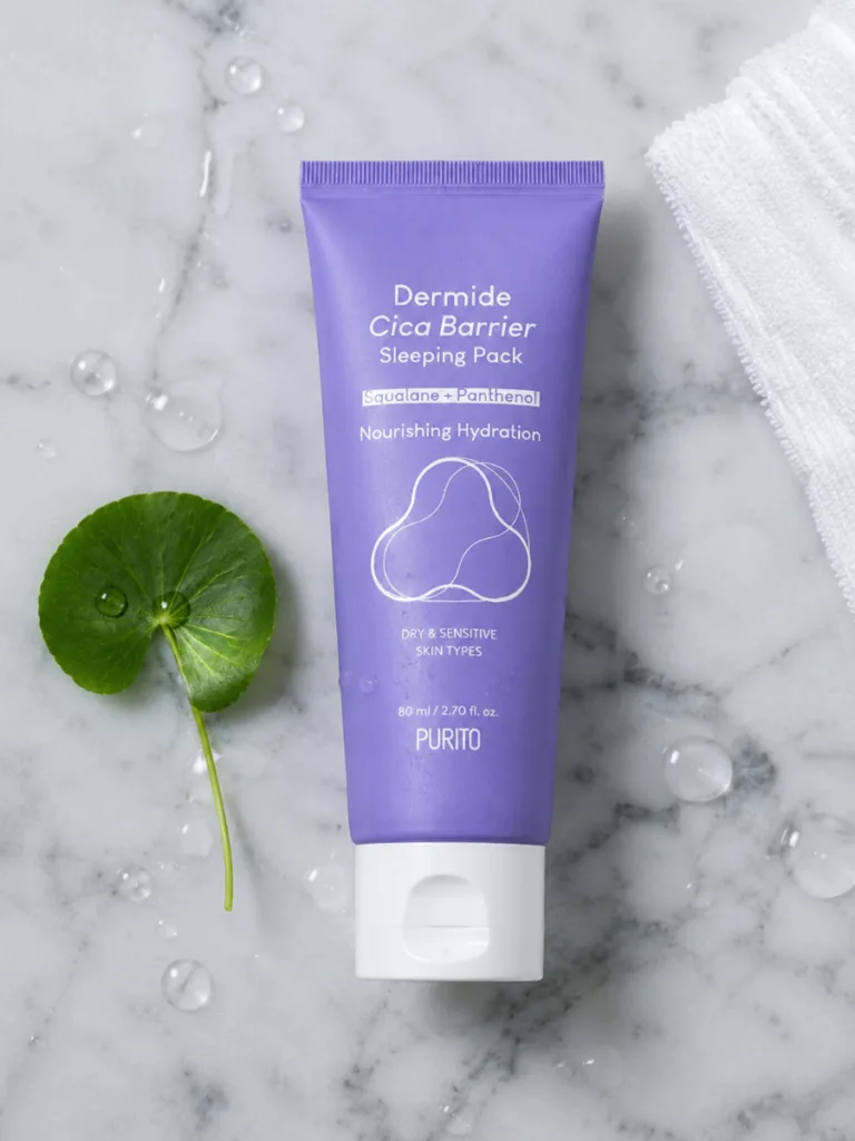 Purito Seoul Dermide Cica Barrier Sleeping Pack tube on a marble counter with a centella leaf