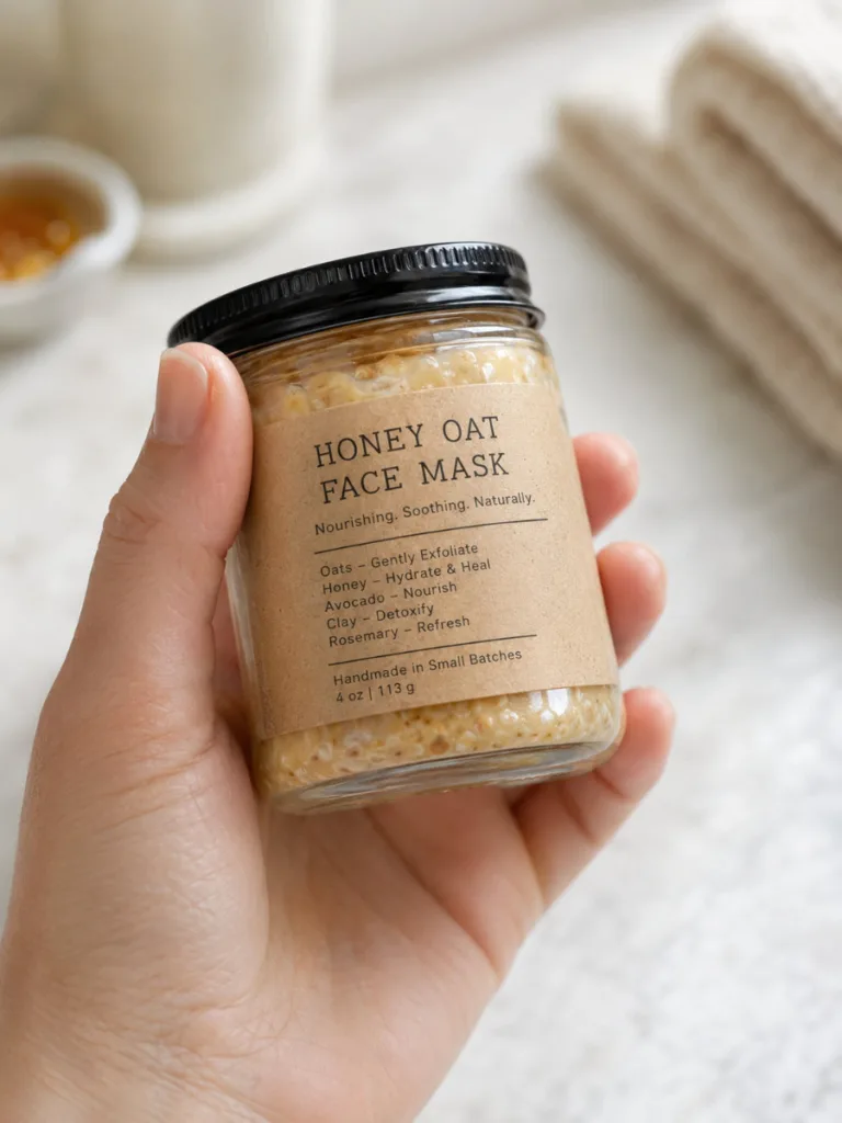 Woman reading an organic skincare ingredients label on a glass jar