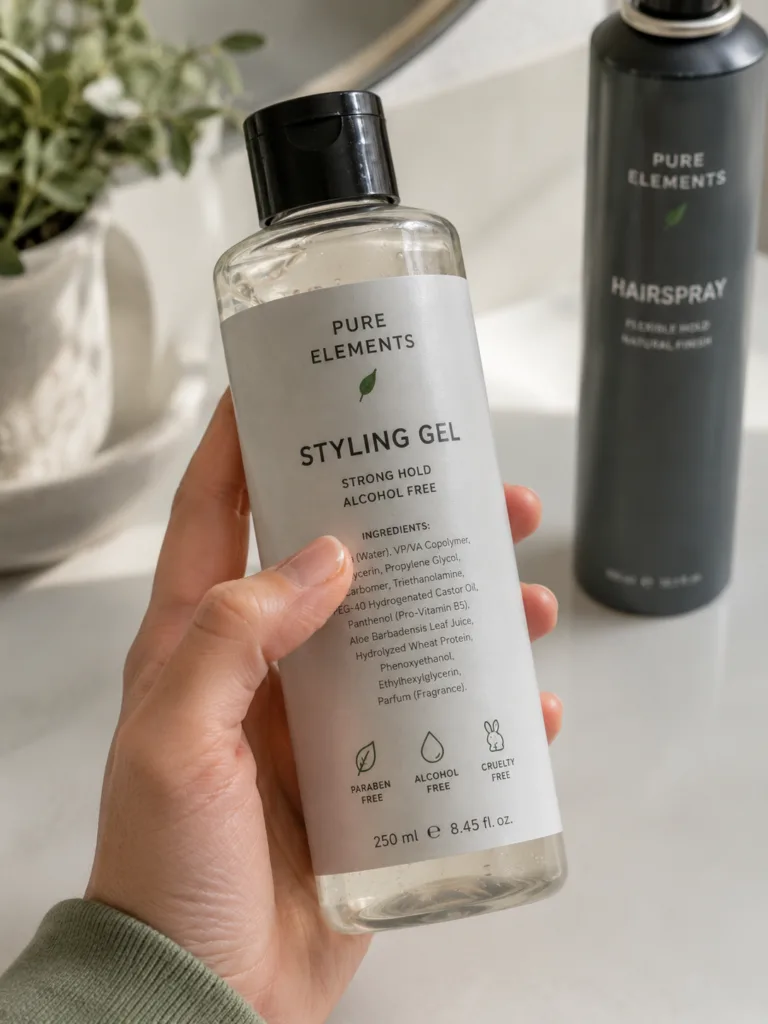Reading a styling product label to check for drying alcohol ingredients