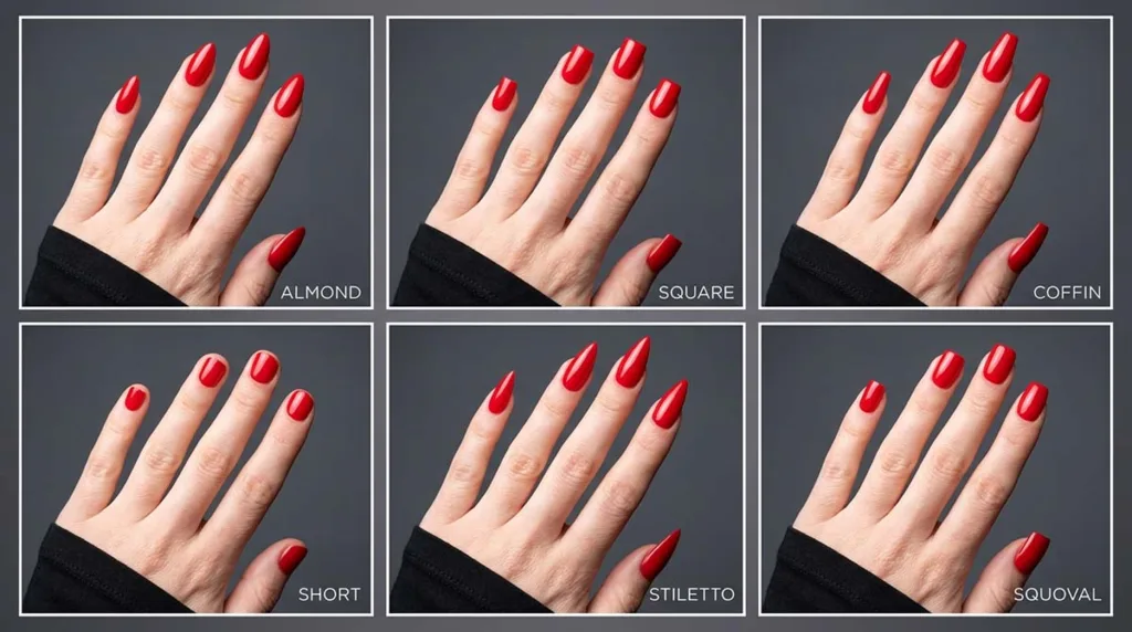 Six-panel comparison of almond, square, coffin, short, stiletto, and squoval red christmas nail shapes