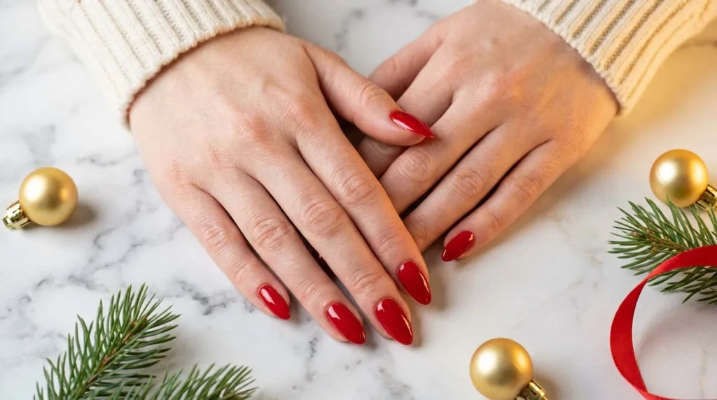 Two fair-skin hands with glossy red christmas nails resting on marble styled with gold ornaments and pine
