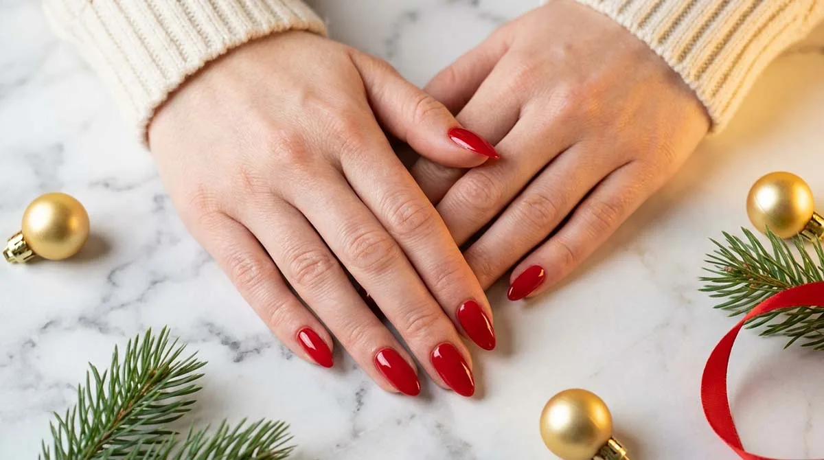 Two fair-skin hands with glossy red christmas nails resting on marble styled with gold ornaments and pine