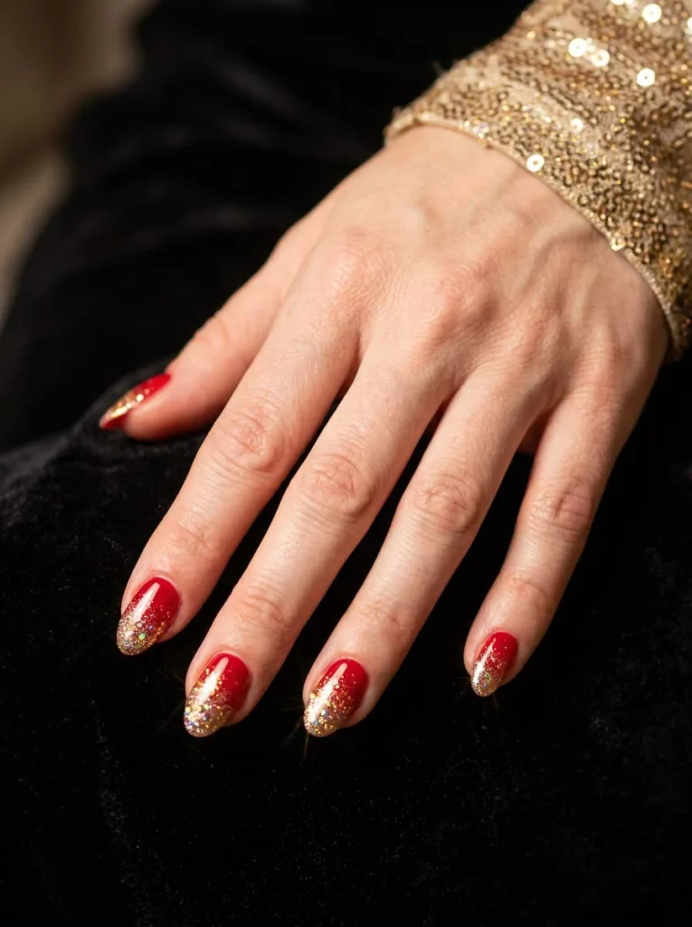 Red glitter gradient christmas nails sparkling against black velvet