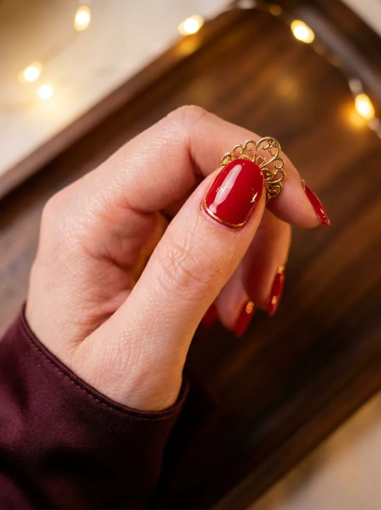 Red christmas nails with thin gold micro-lines near the cuticle on a fair-skin hand