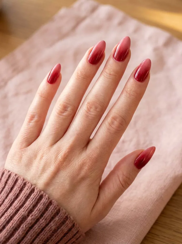 Red ombre christmas nails with a smooth gradient on a blush linen napkin