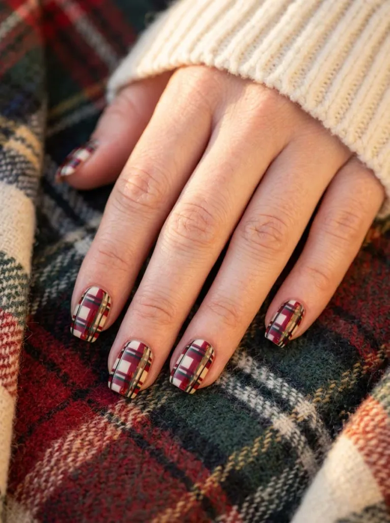 Red plaid pattern christmas nails resting on a matching plaid wool scarf