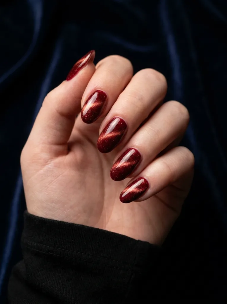 Red velvet cat-eye magnetic gel nails showing a shimmer stripe down the center of each almond nail