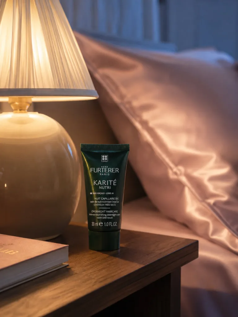 Rene Furterer overnight hair treatment jar on a nightstand beside a silk pillowcase at dusk