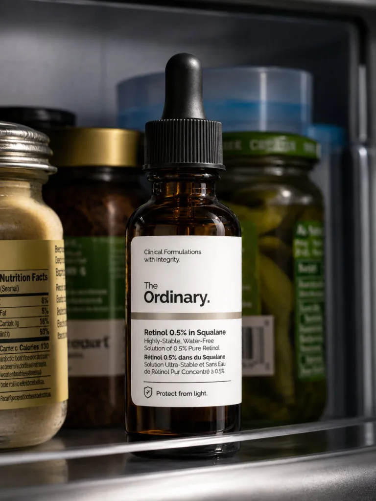 Dark amber retinol serum bottle stored in a dim, cool fridge shelf