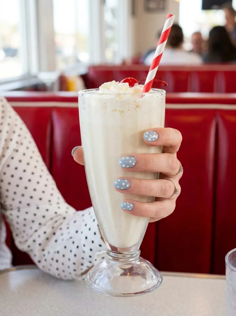 hand with polka dot royal blue nails holding a milkshake in a diner booth