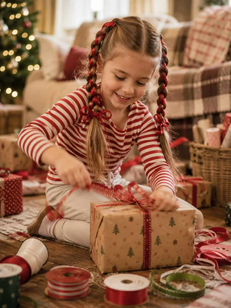 Ribbon braided pigtails on an active young girl during holiday gift wrapping
