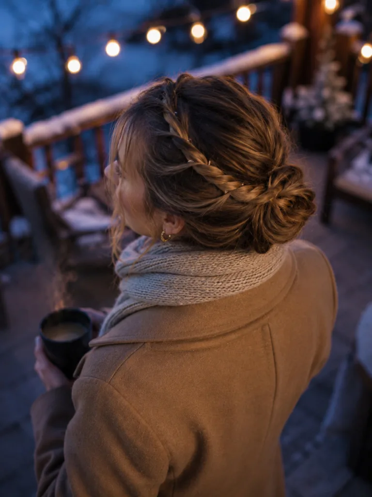 Woman wearing a rope braid crown updo outdoors at a twilight holiday gathering.