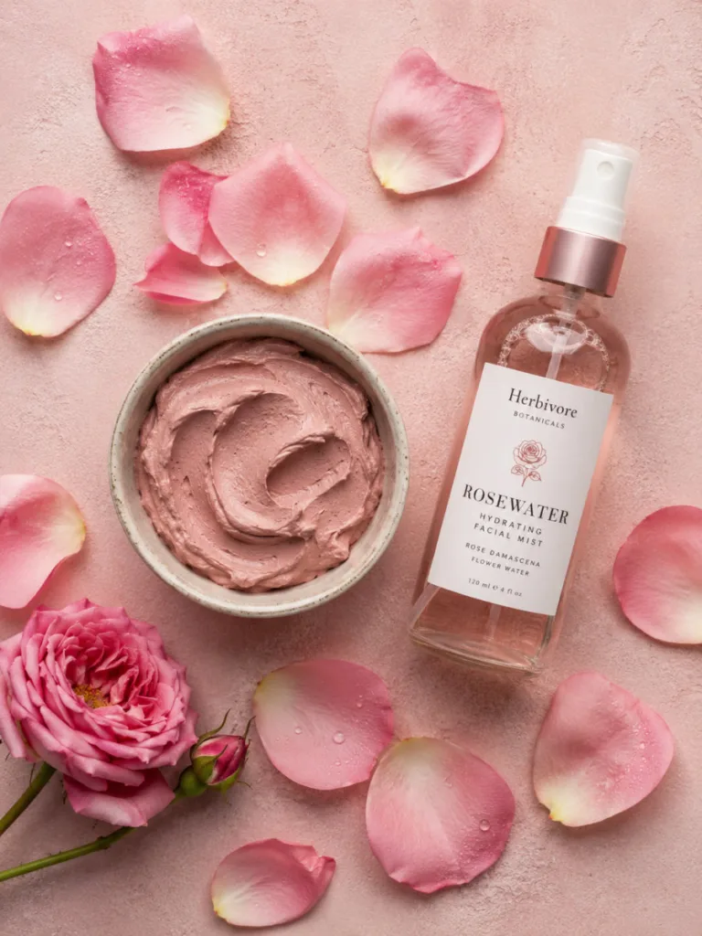 Rose clay and rosewater organic face mask ingredients with fresh petals