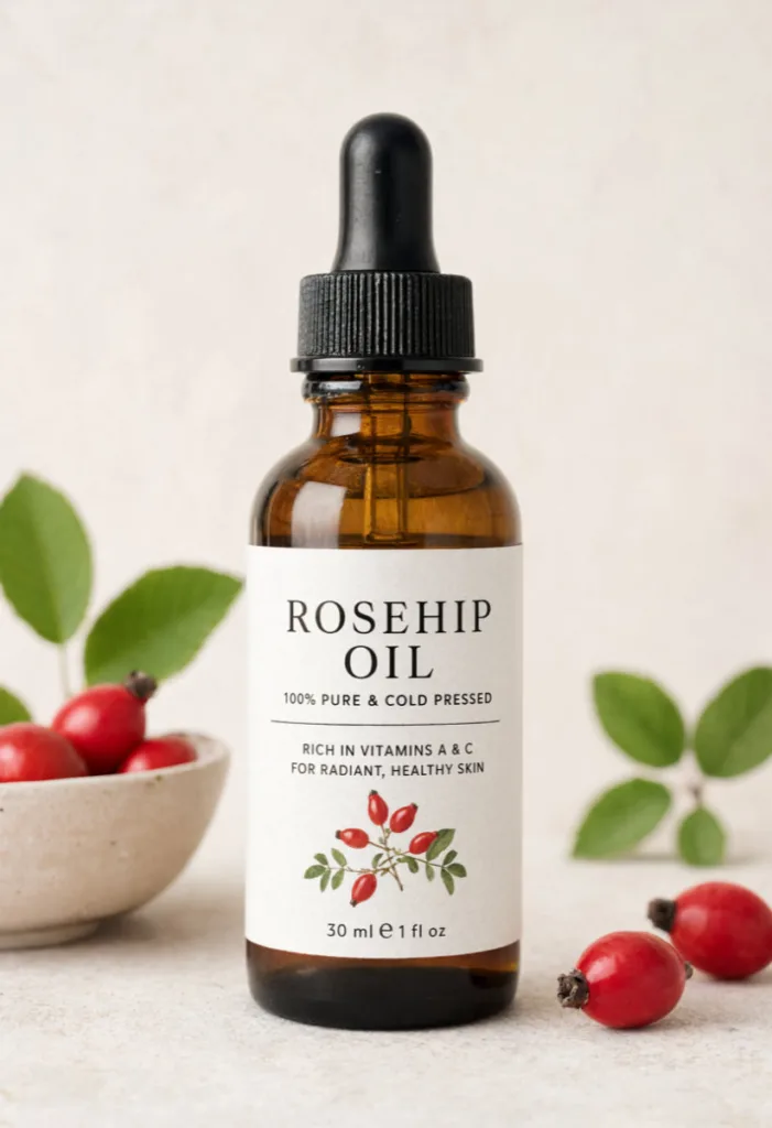 Dark amber glass dropper bottle of rosehip oil with fresh red rosehip berries and dried rose petals on a black marble surface, dramatically lit
