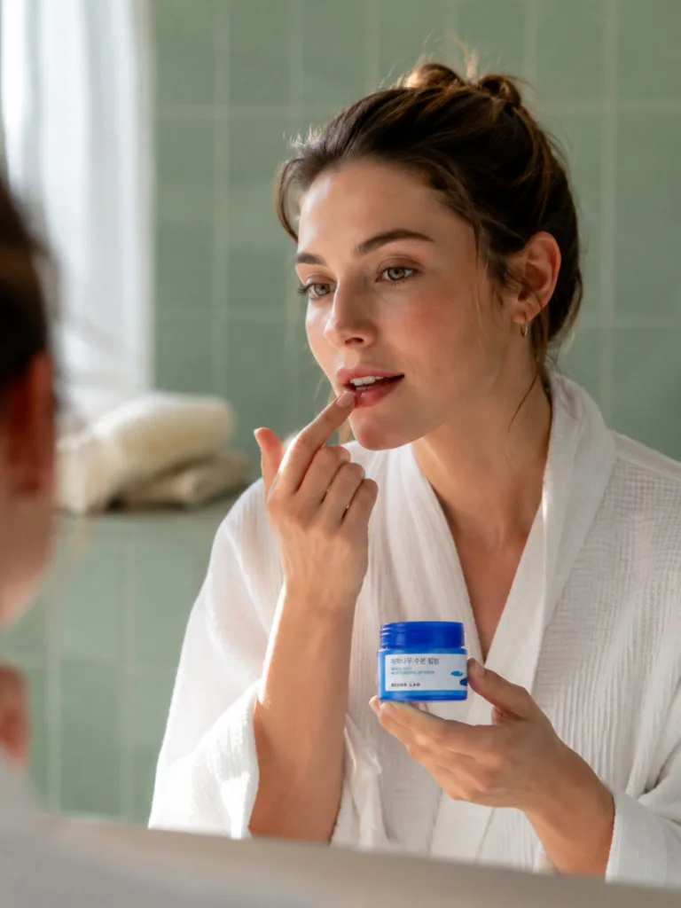 Woman applying Round Lab Birch Moisturizing lip balm during her morning skincare routine