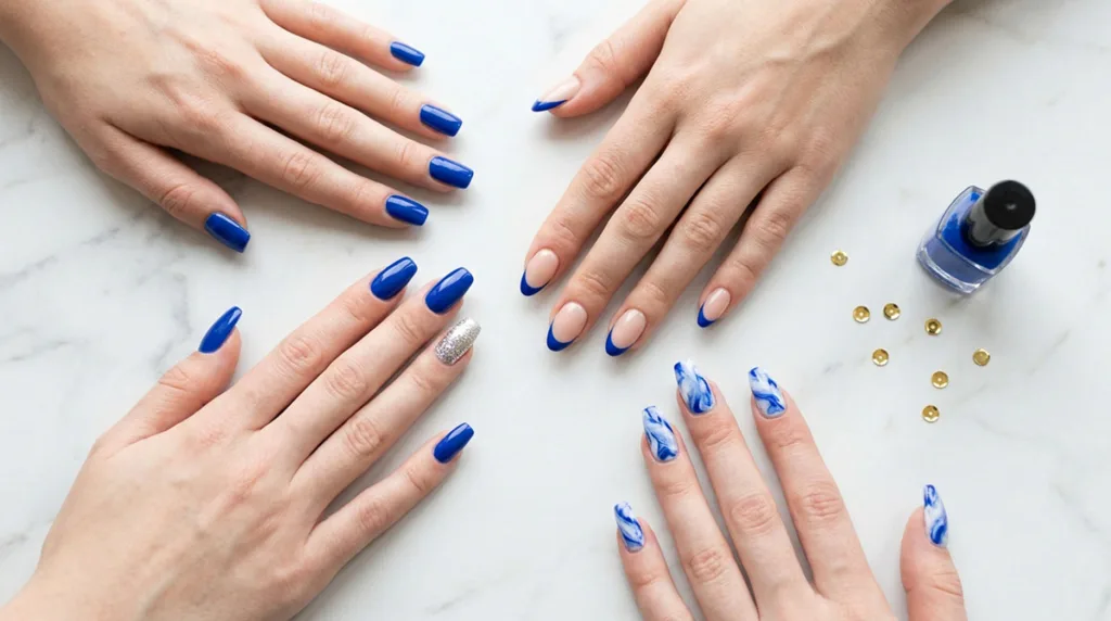 Four hands with fair skin modeling different royal blue nail designs on a white marble surface