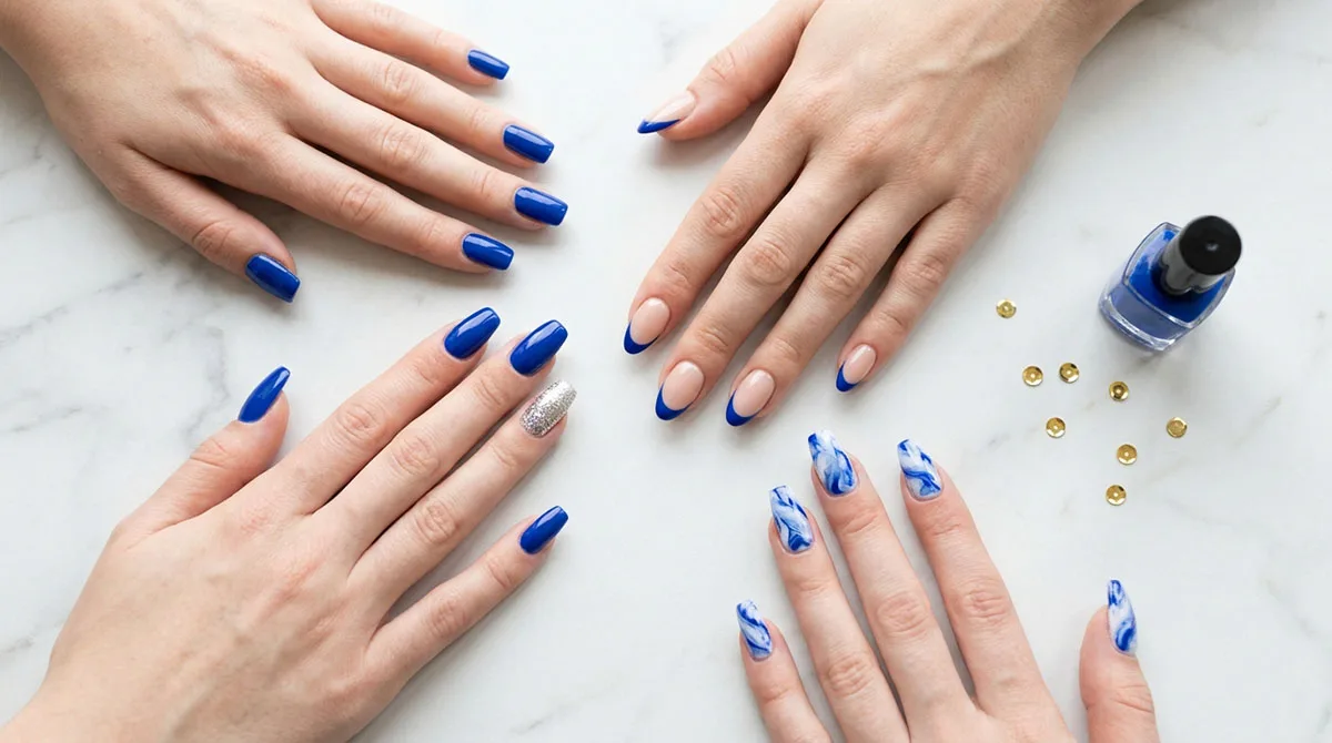 Four hands with fair skin modeling different royal blue nail designs on a white marble surface