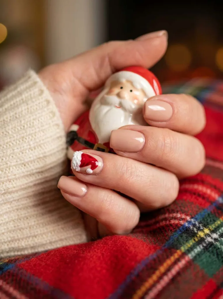 Red christmas nails with a Santa hat accent nail on a hand holding a Santa figurine