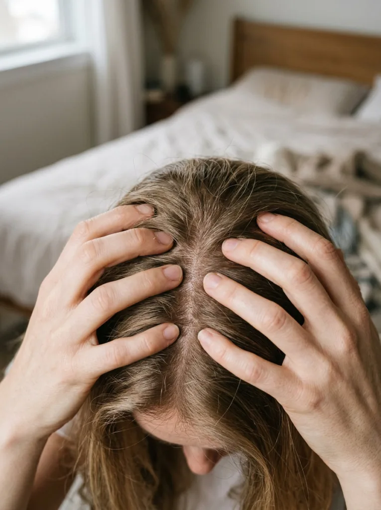 Close-up of hands giving a weekly scalp massage for hair growth