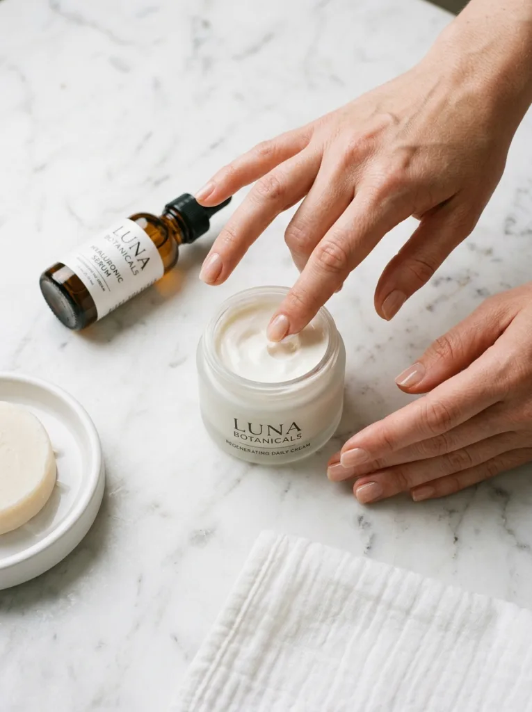 fair-skinned woman's hand scooping cream moisturizer from open glass jar on white marble surface with soft natural light