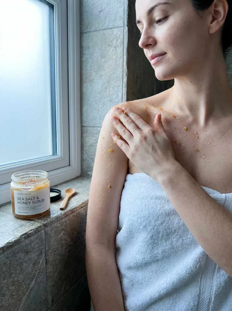 Woman using a sea salt and honey organic face mask on her shoulder