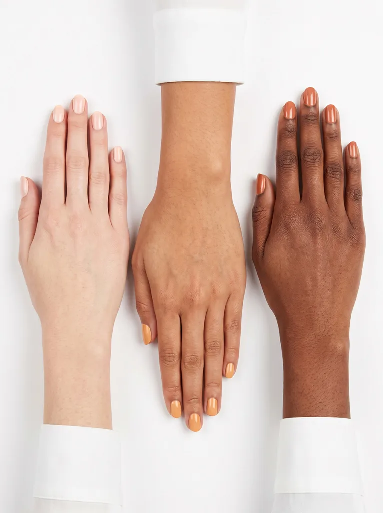 Peach nail shades compared across fair, medium, and deep skin tones