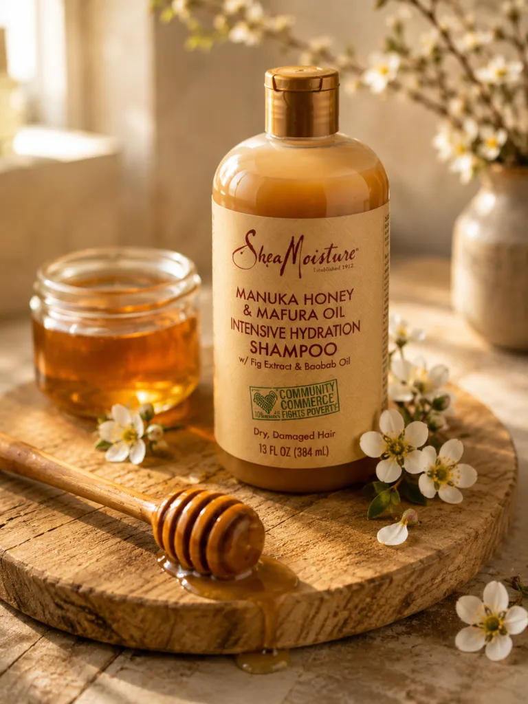 SheaMoisture Manuka Honey and Mafura Oil shampoo bottle with raw honey drizzle and white wildflowers on a warm wooden surface