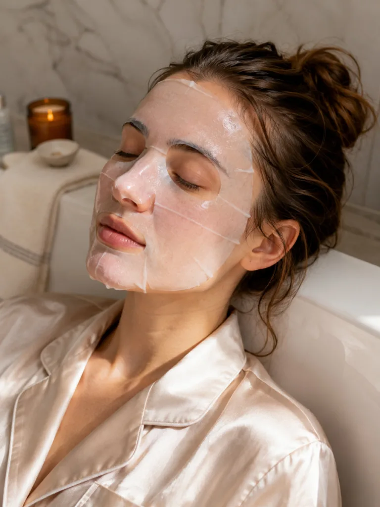 Woman relaxing with a chilled sheet mask in a spa-style bathroom