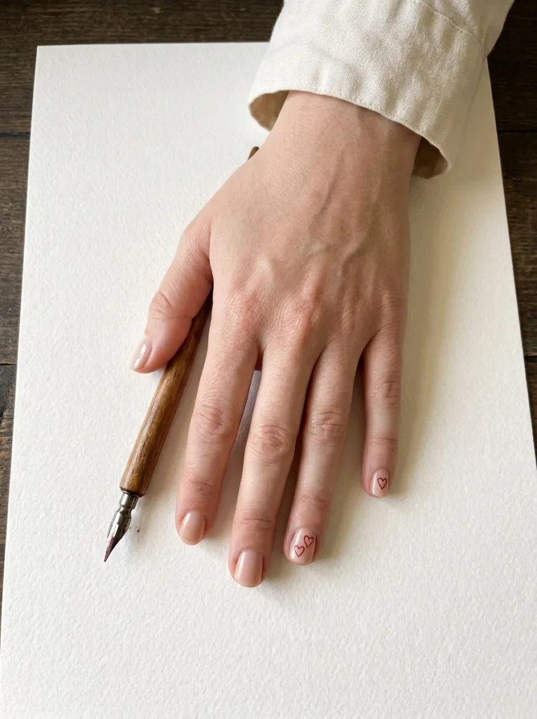 Nude nails with tiny 3-4mm red heart outlines on the ring finger and pinky on warm white watercolor paper beside a red calligraphy pen