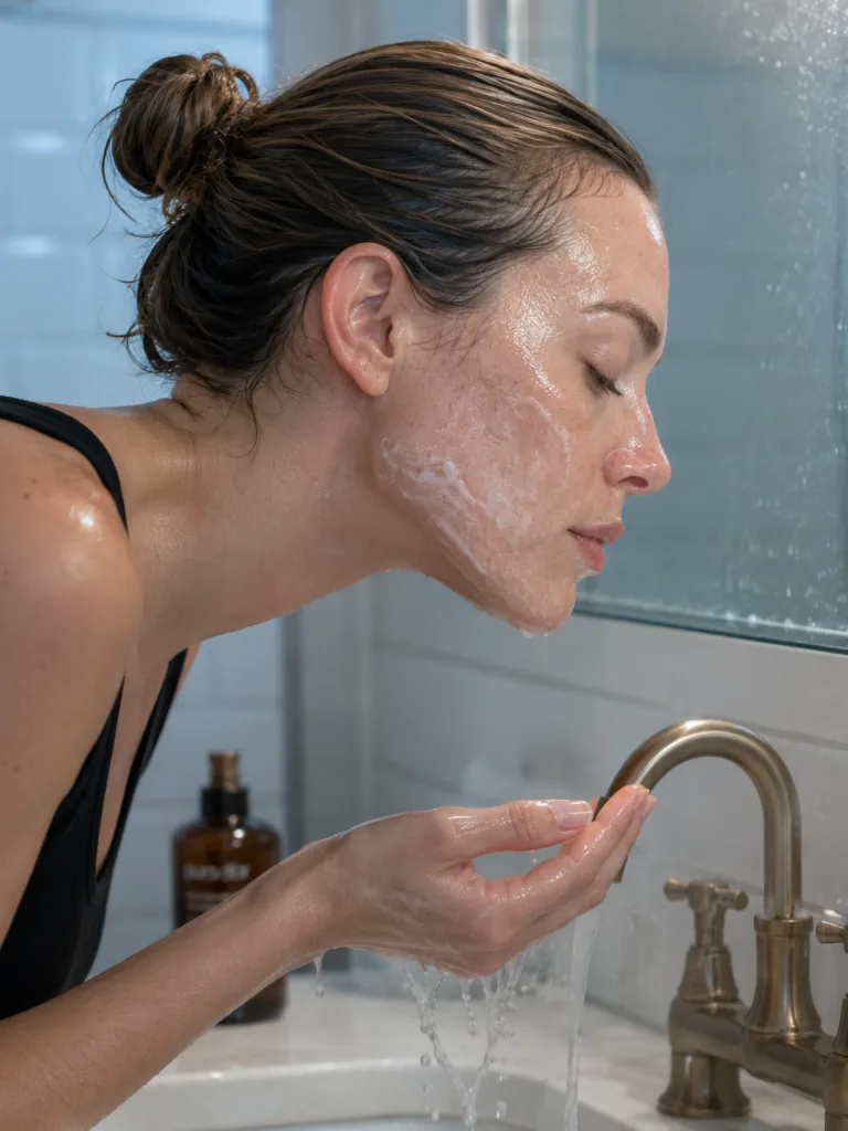 Close side-profile shot of korean cleansing oil turning milky as it emulsifies with water on skin