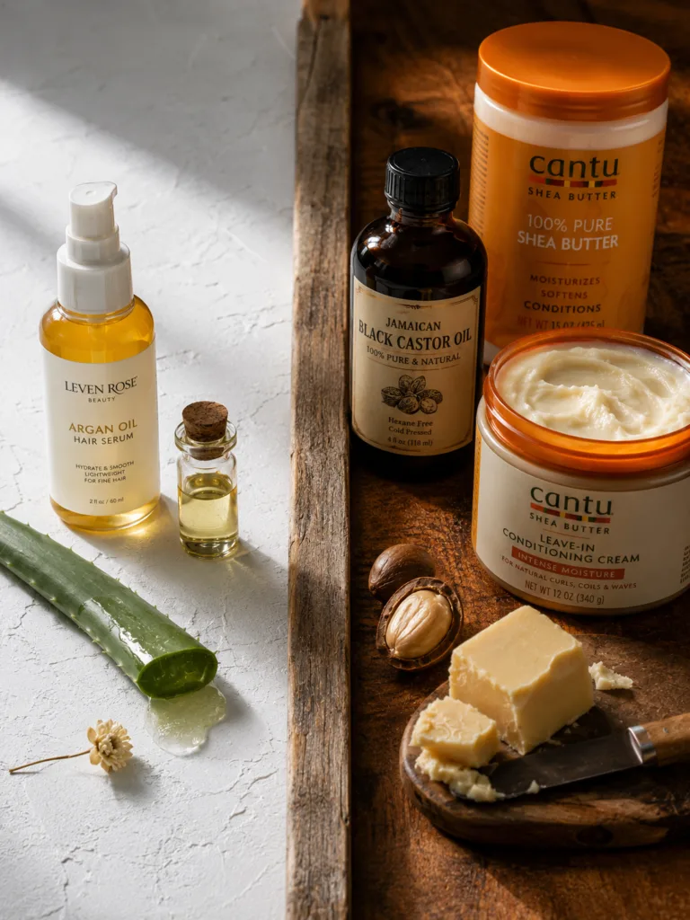 Two organic hair product arrangements side by side — lightweight products for fine hair on the left, rich butters for thick curly hair on the right